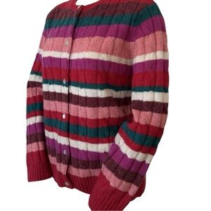 Appleseed's Women 100% Wool Button Cable Knit Colorful Striped Cardigan Sweater